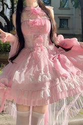 Süßes Lolita-Tube-Top-Kleid mit mehrlagiger Rüschenschleife und Galaxie-Blumensprache, 2 Farben